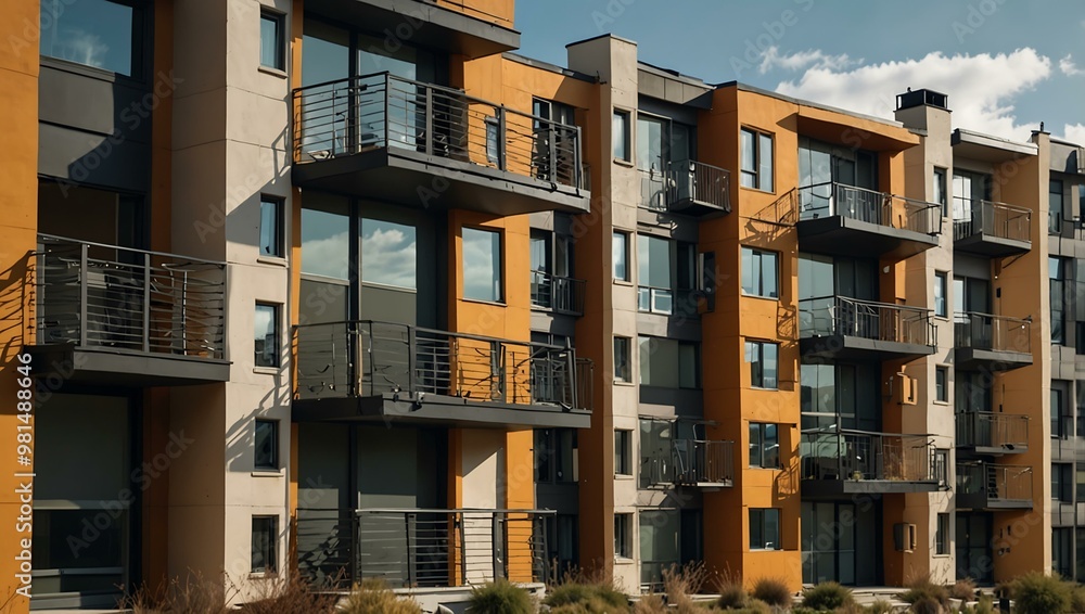 Modern apartment buildings with windows, balconies, and outdoor amenities. Modern apartment buildings with windows, balconies, and outdoor amenities.