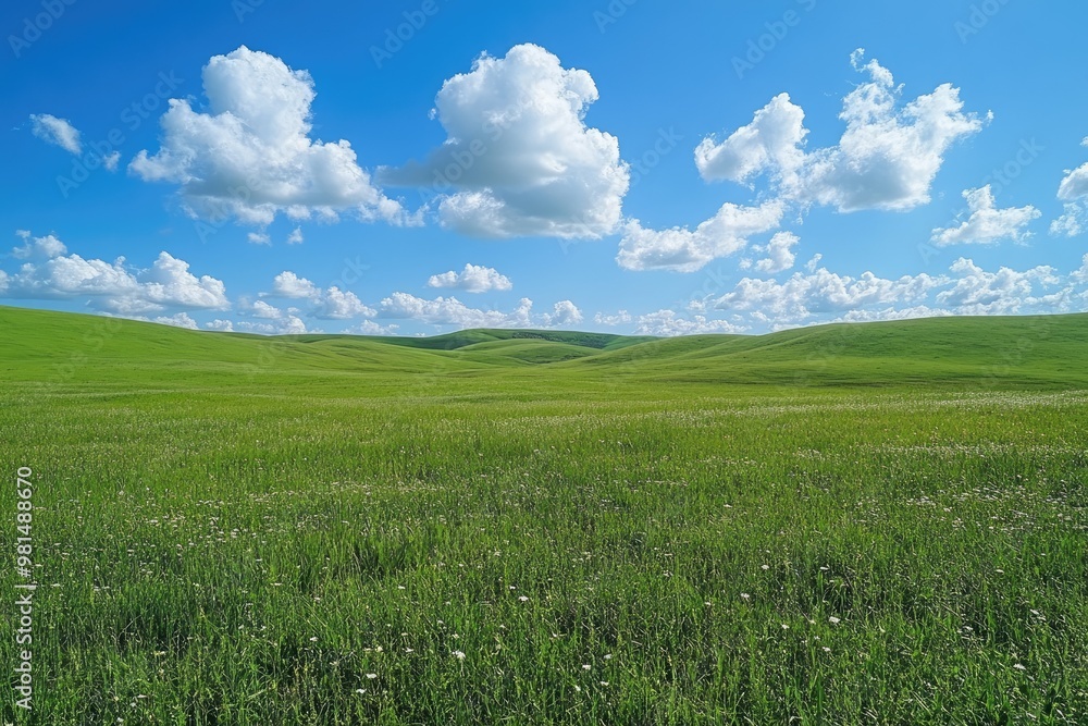 Obraz premium Blooming wildflowers covering a vast green field under a blue sky