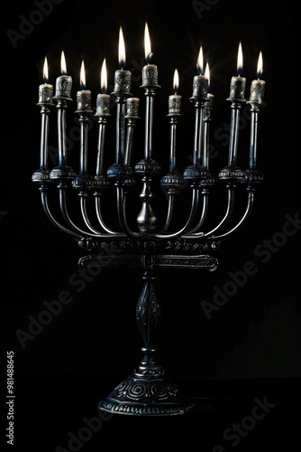 A traditional Jewish menorah with seven burning candles on a dark background