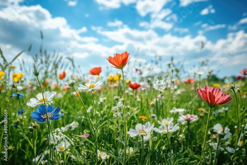 Wildflowers blooming under blue sky in summer meadow