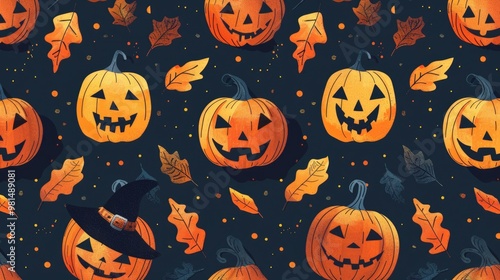 A pattern of pumpkins and leaves on a dark background for various uses