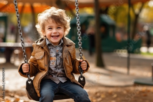 A young boy is sitting on a swing in a park, smiling and looking happy