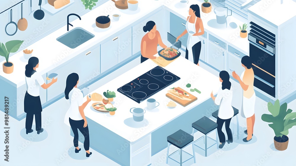 A group of people cooking in the kitchen, a flat design illustration with an isometric perspective and a white background A group of people cooking in the kitchen, a flat design illustration with an isometric perspective and a white background
