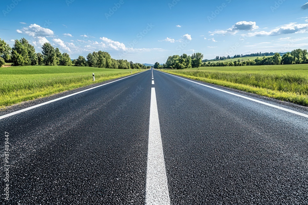 A straight asphalt road leading to the horizon with white lane markings and a blue sky with white clouds above. A straight asphalt road leading to the horizon with white lane markings and a blue sky with white clouds above.