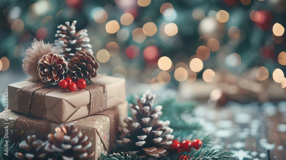 Christmas presents decorated with pine cones, red berries and a golden ribbon against a bokeh background. Christmas presents decorated with pine cones, red berries and a golden ribbon against a bokeh background.
