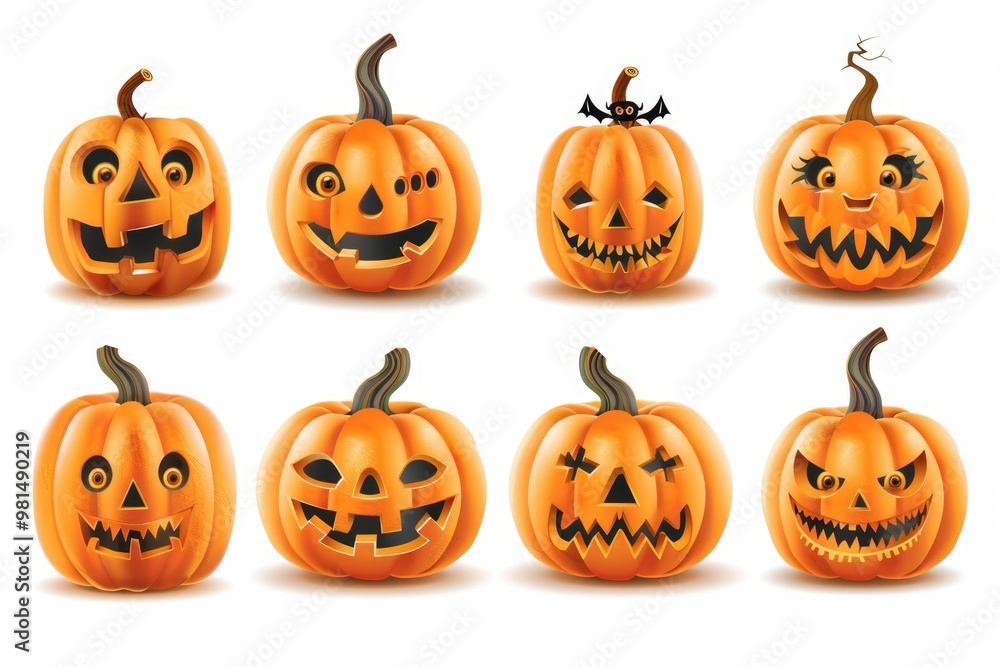 A collection of pumpkins with various faces, perfect for Halloween decorations or fall-themed designs A collection of pumpkins with various faces, perfect for Halloween decorations or fall-themed designs