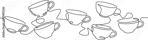 Abstract Cups in continuous line drawing style isolated on white background. Minimalistic art of hot drink as element of graphic design. Vector illustration.