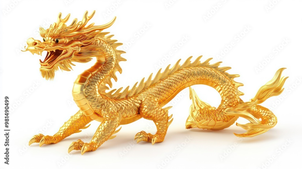 Fototapeta premium Golden dragon statue isolated on white background.