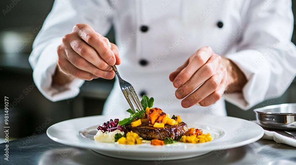 chef in a well-equipped kitchen arranging microgreens on a plated dish with precision, copy space chef in a well-equipped kitchen arranging microgreens on a plated dish with precision, copy space
