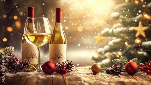 Flaschen mit wein und glas weiÃwein in weihnachtlicher deko genuÃ weihnachten trinken feiern photo