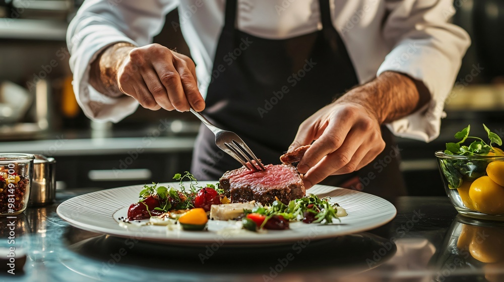 chef in a well-equipped kitchen arranging microgreens on a plated dish with precision, copy space chef in a well-equipped kitchen arranging microgreens on a plated dish with precision, copy space