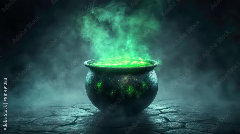 A cauldron filled with green liquid is steaming in a foggy, dark environment. The cauldron is made of metal and is resting on a stone surface. A cauldron filled with green liquid is steaming in a foggy, dark environment. The cauldron is made of metal and is resting on a stone surface.