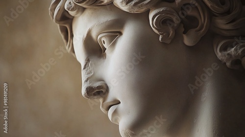 Close-up of a white marble statue of a young woman's face with a soft focus background.