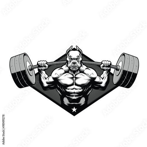 Bodybuilder with Pitbull Head, Lifting a Barbell For Gym Logo