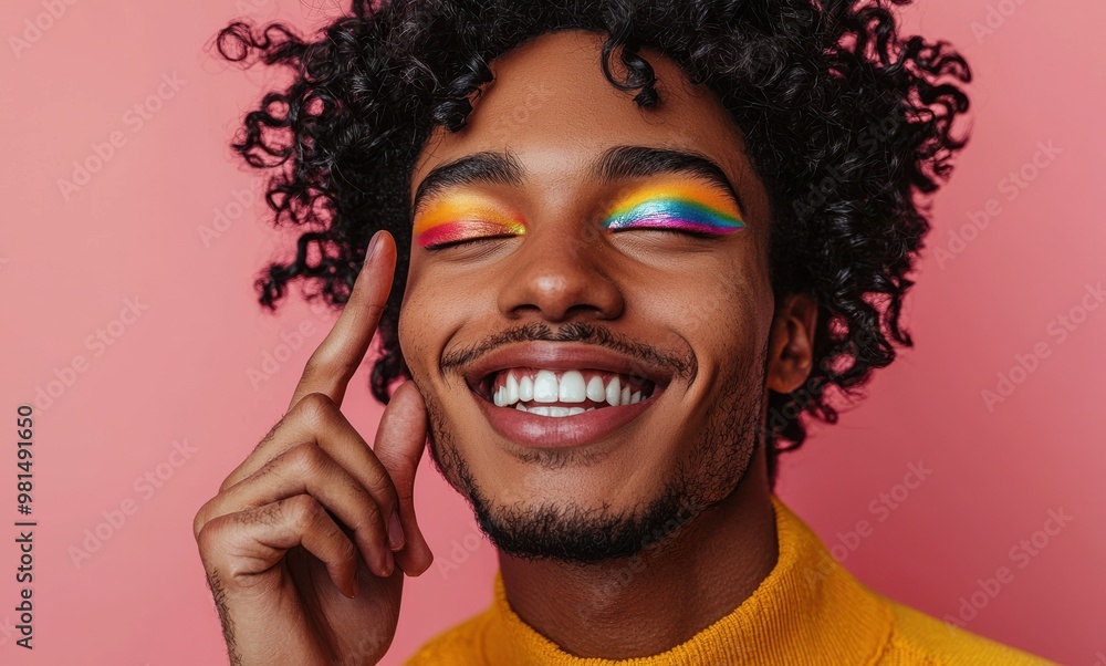 Joyful man with black curly hair and vibrant rainbow eyeshadow smiling against a pink background, embracing self-expression and pride Joyful man with black curly hair and vibrant rainbow eyeshadow smiling against a pink background, embracing self-expression and pride