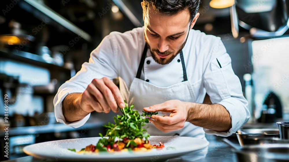chef in a well-equipped kitchen arranging microgreens on a plated dish with precision, copy space chef in a well-equipped kitchen arranging microgreens on a plated dish with precision, copy space