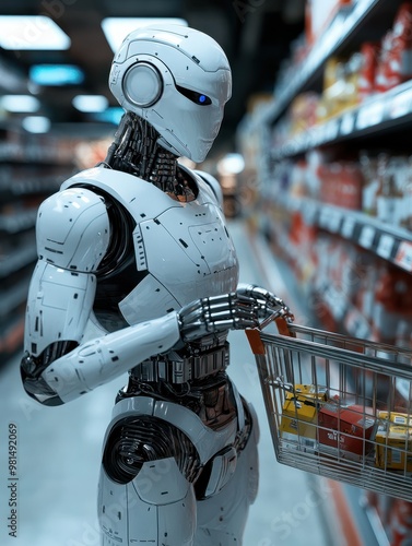 humanoid robot hold shopping cart in supermarket