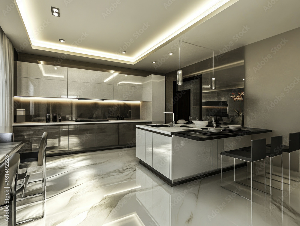 Sleek modern kitchen with marble floors and island seating Sleek modern kitchen with marble floors and island seating
