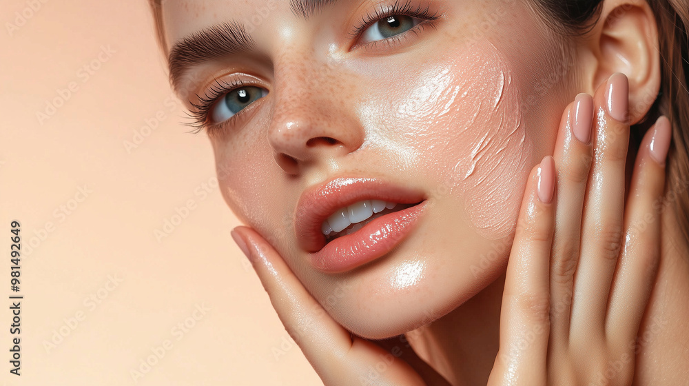 Close-Up of Woman Applying Hydrating Cream on Face. A close-up image of a young woman with dewy skin, gently applying hydrating cream on her face. Close-Up of Woman Applying Hydrating Cream on Face. A close-up image of a young woman with dewy skin, gently applying hydrating cream on her face.