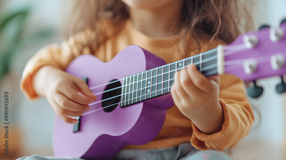 Fototapeta premium Child Playing Ukulele, Focused and Immersed in Music | Passionate Learning and Musical Expression