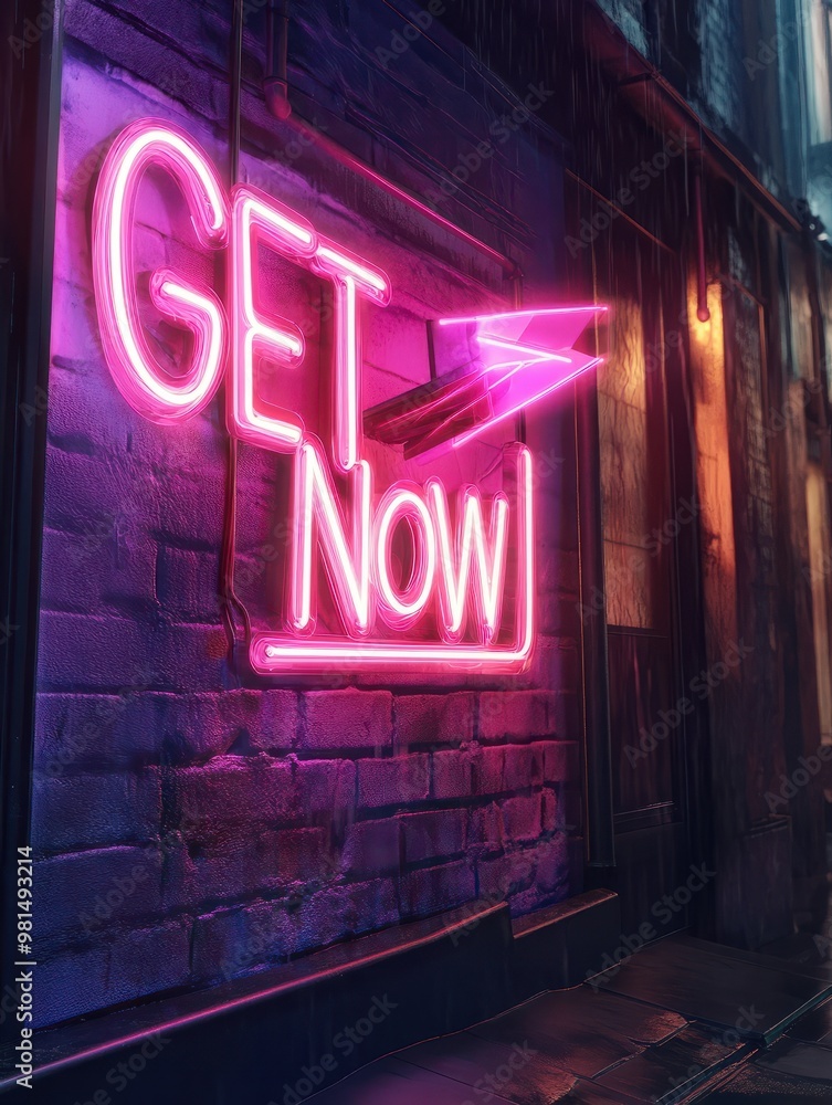 Neon Sign with Get It Now Message and Arrow: A Vibrant Call to Action.