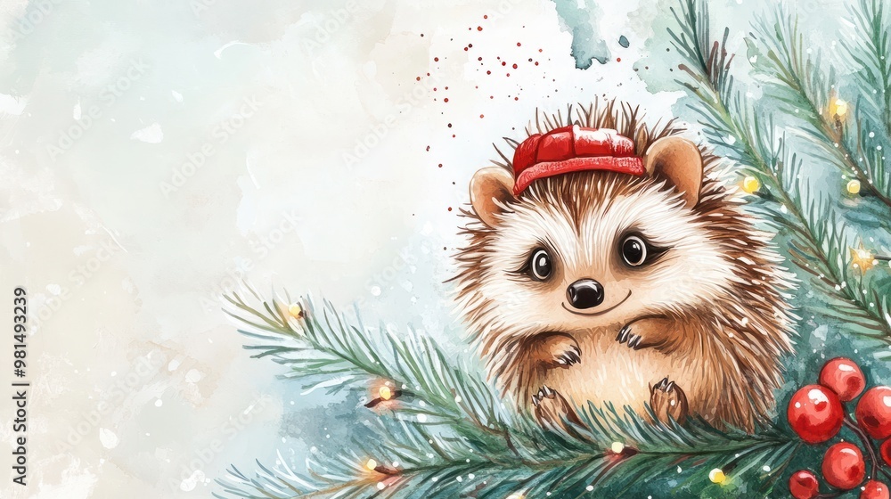 New year's postcard with hedgehog. Christmas and new year. Watercolor cartoon animal. Cute character. Hand drawn watercolor illustration. Christmas tree. Greeting card New year's postcard with hedgehog. Christmas and new year. Watercolor cartoon animal. Cute character. Hand drawn watercolor illustration. Christmas tree. Greeting card