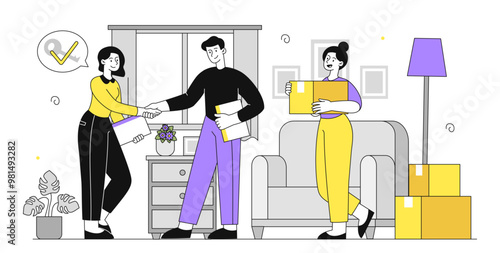Family rent apartment. Man and woman talking to realtor. Mortgage and loan. Agreement and deal with private property and real estate. Linear vector illustration