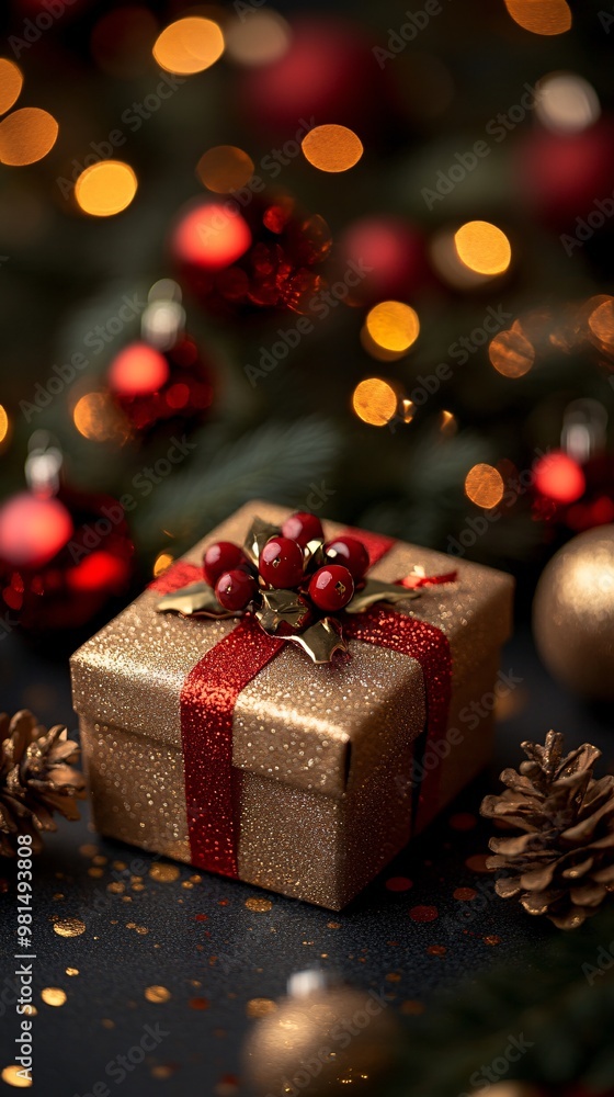 Festive Christmas Gift Box with Copy Space for Holiday Messages Surrounded by Twinkling Lights and Decorations Festive Christmas Gift Box with Copy Space for Holiday Messages Surrounded by Twinkling Lights and Decorations