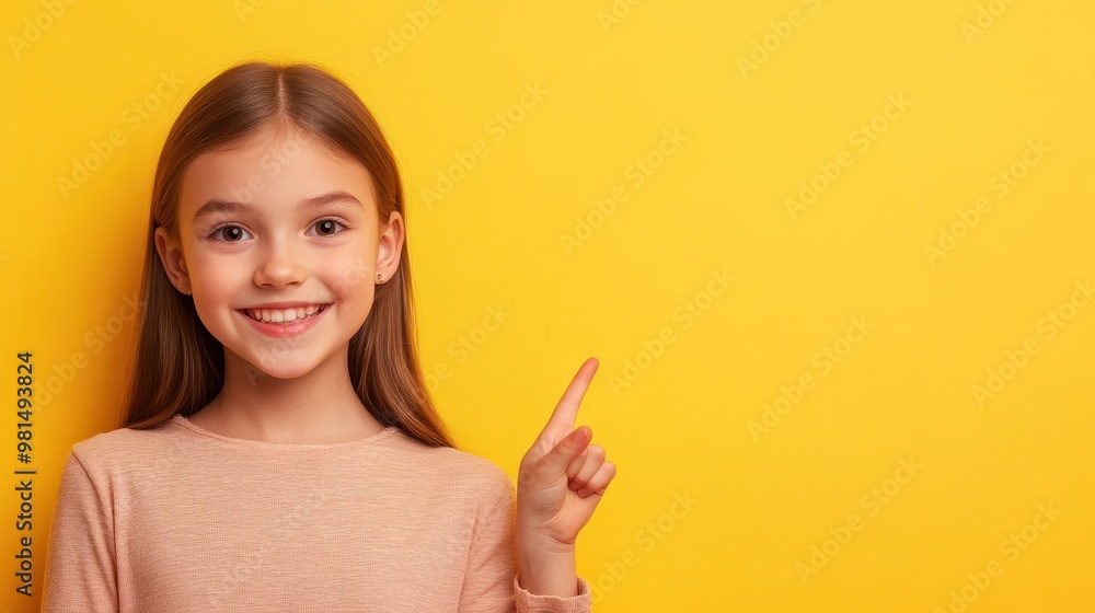 Portrait of her she nice attractive confident glad cheerful straight-haired pre-teen girl pointing aside advert ad tips feedback sale discount isolated over bright vivid shine yellow background Portrait of her she nice attractive confident glad cheerful straight-haired pre-teen girl pointing aside advert ad tips feedback sale discount isolated over bright vivid shine yellow background