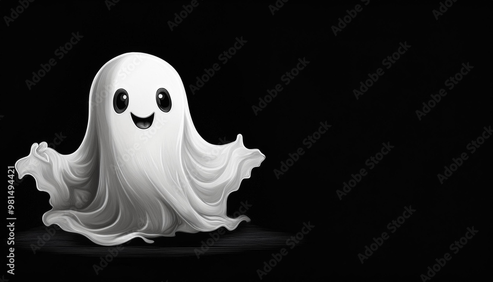 Cute white ghost with cheerful smile isolated on black backdrop, banner with copy space. Halloween