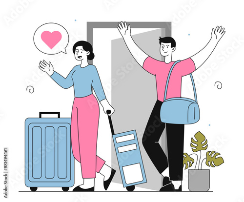 Travelers returns home. Man and woman with luggage standing near entrance to apartment. End of holiday and vacation. Returned tourists at home. Linear vector illustration