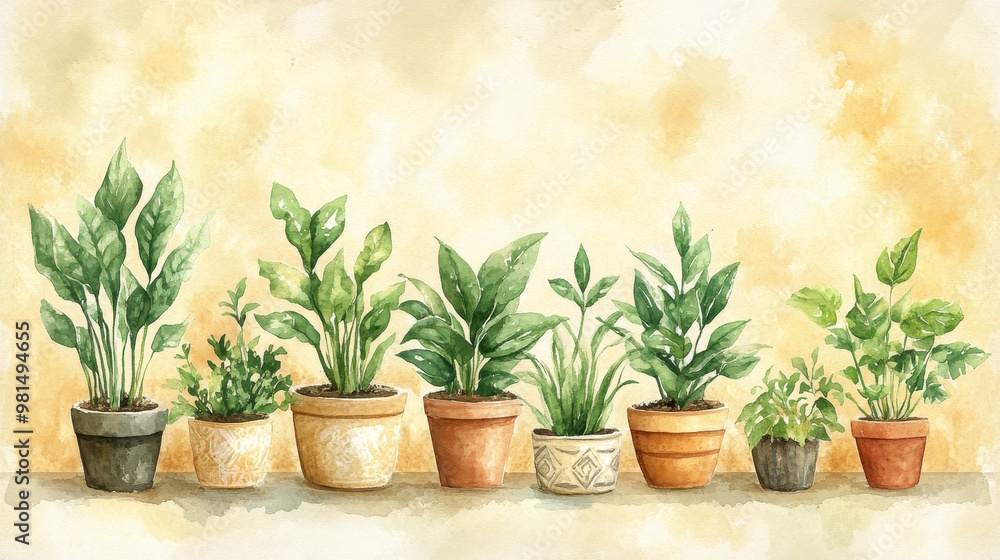Fototapeta premium A cozy watercolor scene of a houseplant corner, featuring a variety of indoor plants like pothos, snake plant, and fiddle leaf fig. 