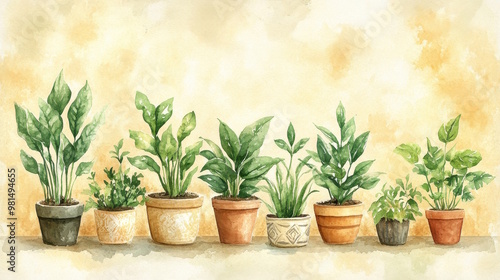 A cozy watercolor scene of a houseplant corner, featuring a variety of indoor plants like pothos, snake plant, and fiddle leaf fig. 