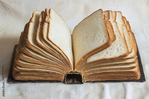 A creative culinary art piece features an open book made of arranged bread slices, blending intricate food art with scriptural themes, in a surreal kitchen that sparks the imagination