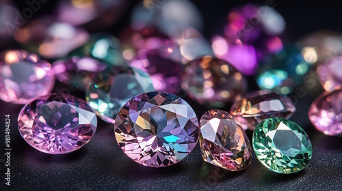 A collection of alexandrite gemstones scattered on a glossy black background.  photo