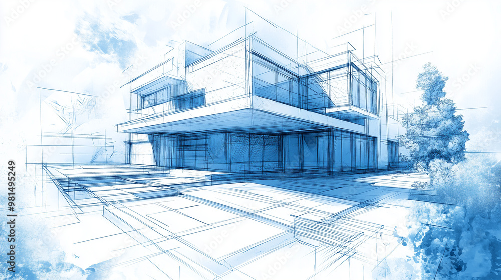 Digital Blueprint of a Futuristic House. A highly detailed digital rendering of a futuristic house, depicted in blue lines. Digital Blueprint of a Futuristic House. A highly detailed digital rendering of a futuristic house, depicted in blue lines.