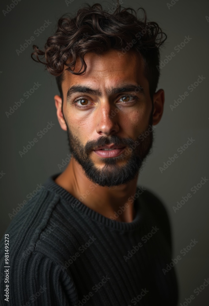 Portrait of young man with curly hair in cozy sweater against muted background Portrait of young man with curly hair in cozy sweater against muted background
