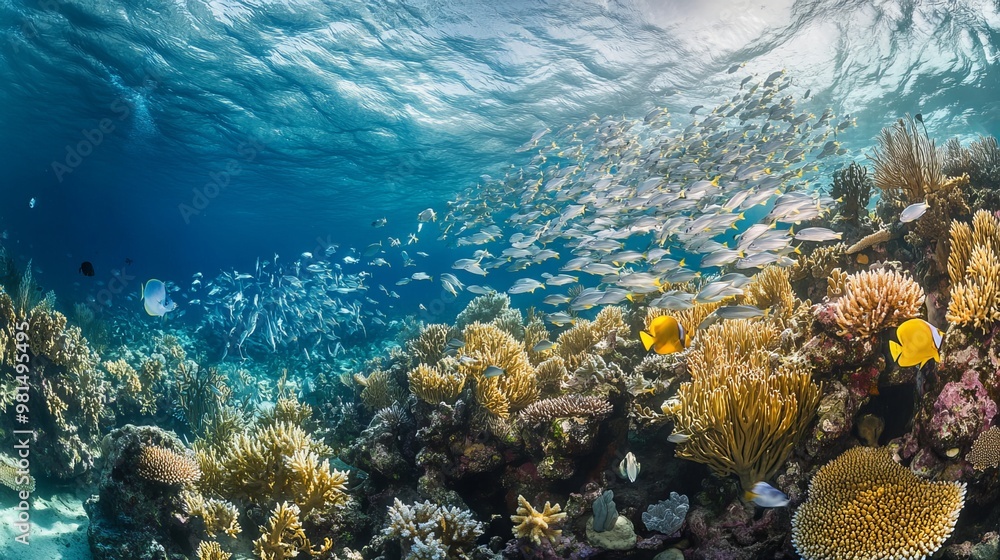 Obraz premium A vibrant underwater scene in Ras Muhammad National Park, Egypt, showcases a vibrant coral reef teeming with schools of small, silvery fish. 
