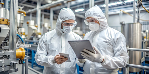 industrial scientists wearing disposable protective suits, masks and goggles at production plant. specialist using tablet computer, analyzing potential work hazards and contamination at a workplace