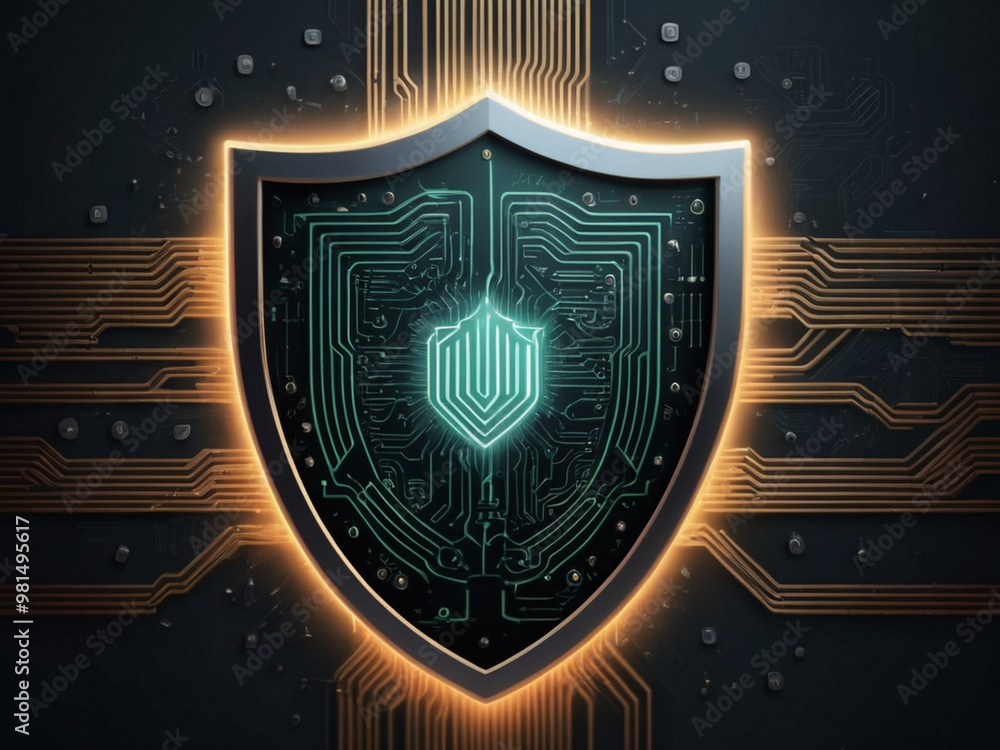 Fototapeta premium A minimalist cybersecurity background with glowing circuit board patterns, a central shield icon, and subtle binary code image