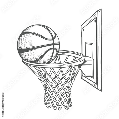 Classic Basketball Goal and Ball Sketch, Outline Basketball Scoring Through Hoop Vector Image