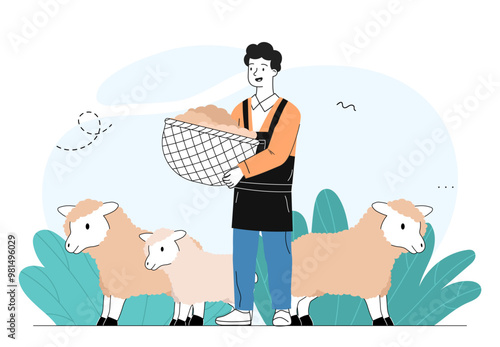 Man collect sheeps wool. Young man shears sheep and collects wool. Harvesting and agriculture. Shepherd at farm with cattle and livestock. Linear vector illustration