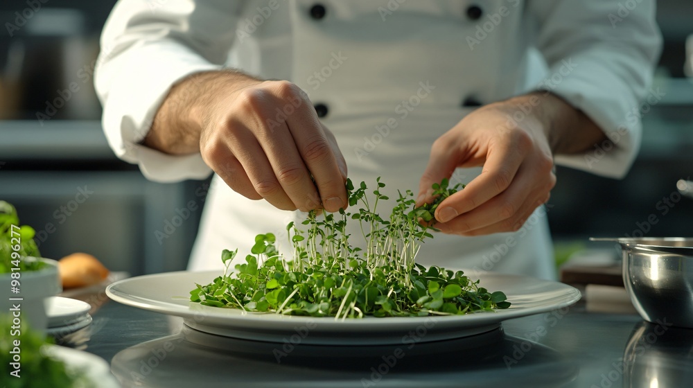 A chef in a professional kitchen garnishing a gourmet dish with fresh herbs, copy space A chef in a professional kitchen garnishing a gourmet dish with fresh herbs, copy space