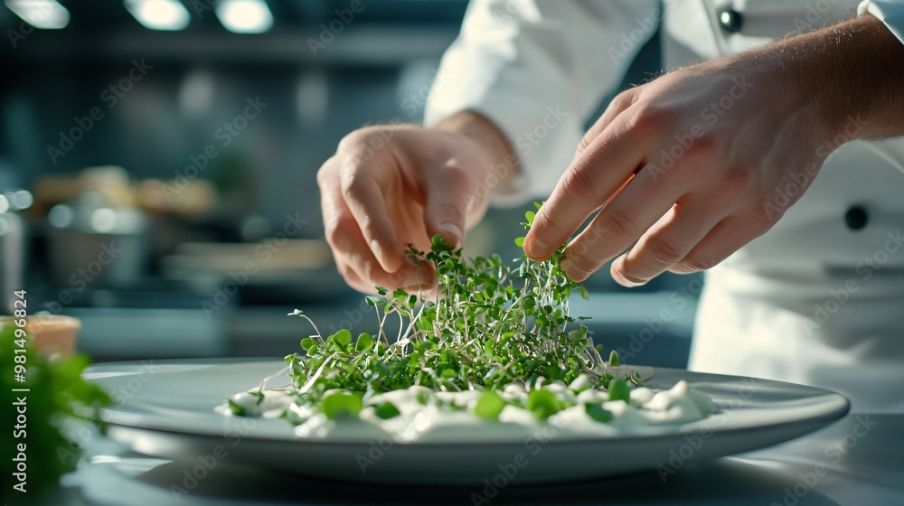 A chef in a professional kitchen garnishing a gourmet dish with fresh herbs, copy space A chef in a professional kitchen garnishing a gourmet dish with fresh herbs, copy space
