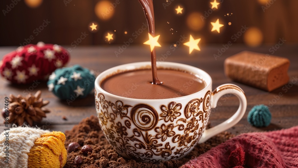 Hot chocolate pouring into decorative cup with festive stars, cozy setting, copy space Hot chocolate pouring into decorative cup with festive stars, cozy setting, copy space