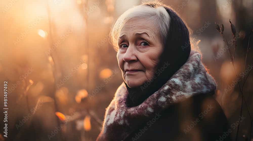 An elderly woman with a warm smile, wearing a scarf in the outdoors. An elderly woman with a warm smile, wearing a scarf in the outdoors.