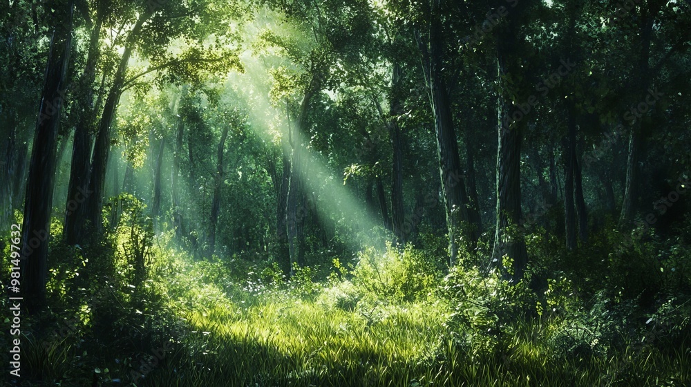 Obraz premium Amidst the verdant embrace of a forest, where sunbeams dance through the canopies, an enchanting tapestry of nature unfolds. The towering trunks and delicate twigs stand like sentinels