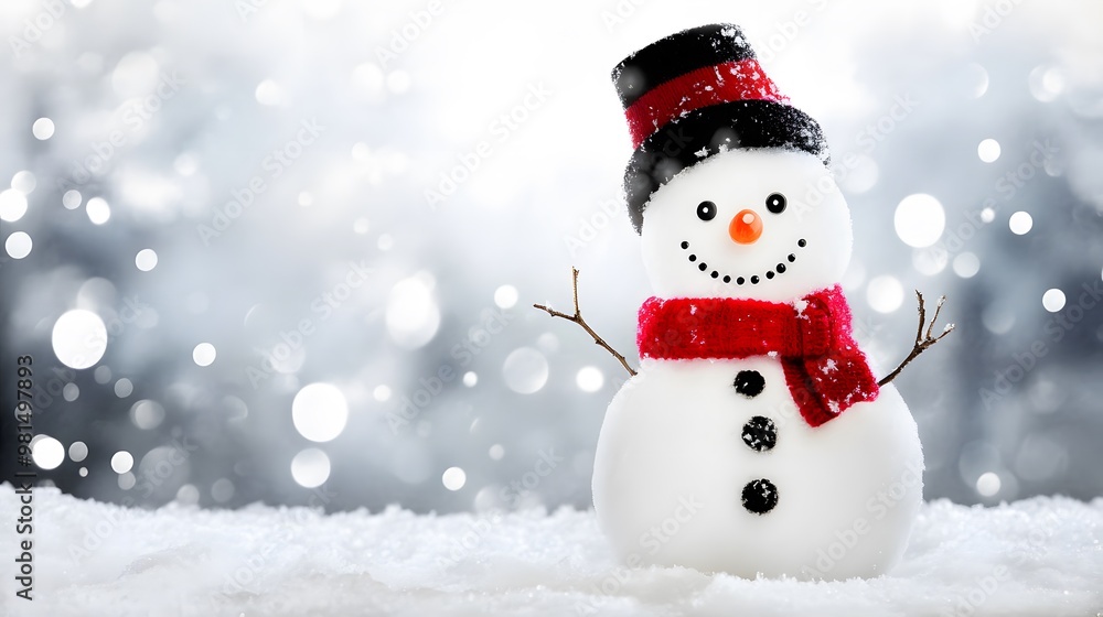 Fototapeta premium Smiling snowman wearing a red scarf and black hat with a snowy background.