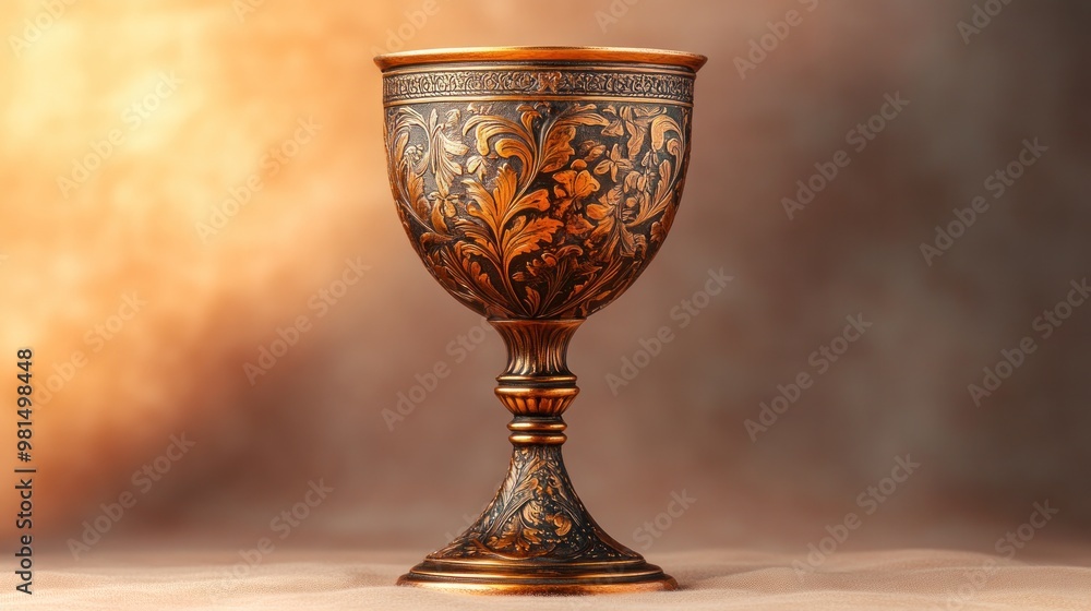 beautifully crafted Renaissance-era goblet, with intricate engravings and a tarnished surface, isolated on a soft, gradient background beautifully crafted Renaissance-era goblet, with intricate engravings and a tarnished surface, isolated on a soft, gradient background