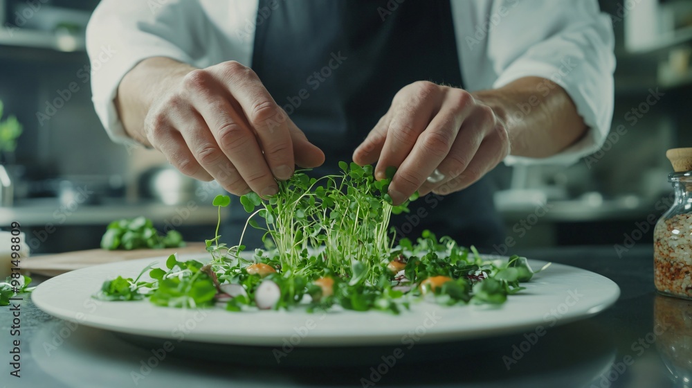 A chef in a professional kitchen garnishing a gourmet dish with fresh herbs, copy space A chef in a professional kitchen garnishing a gourmet dish with fresh herbs, copy space